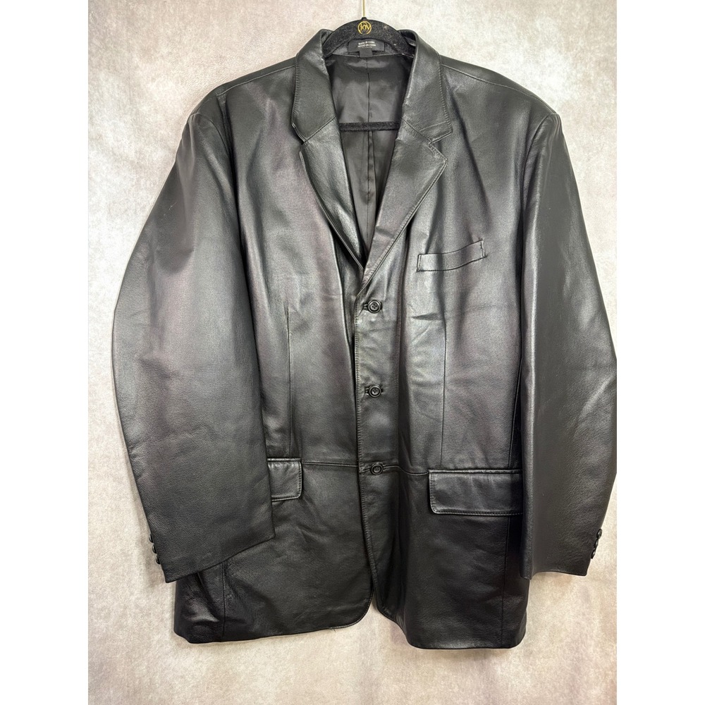 J. Ferrar 100% Leather Blazer Men XL Black 3-Button Classic Sport Coat